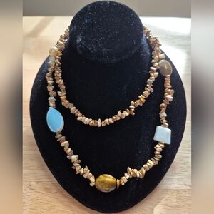 Vintage Jasper Chip Necklace With Tiger's Eye,  Opalite And Mother Of Pearl Bead